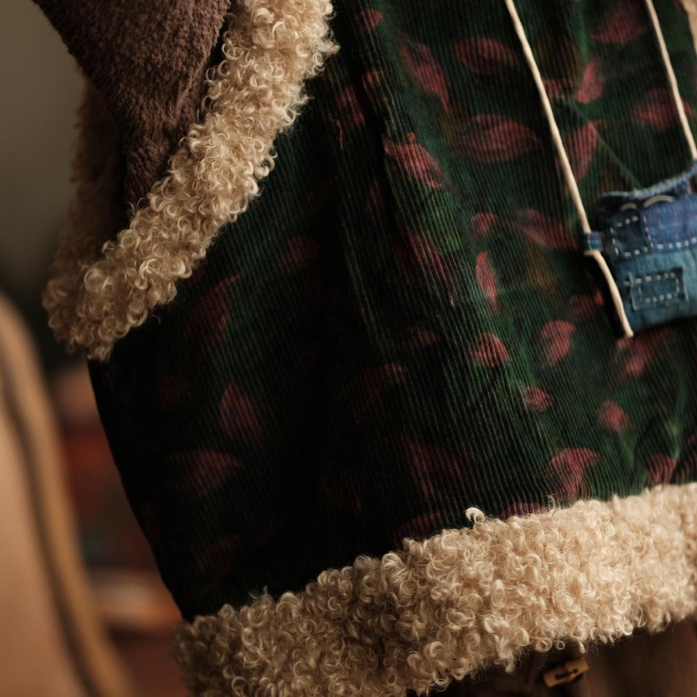 Johnature Women Chinese Style Corduroy Coats Print Floral Wool Patchwork Warm Spring V-Neck Vintage Coats