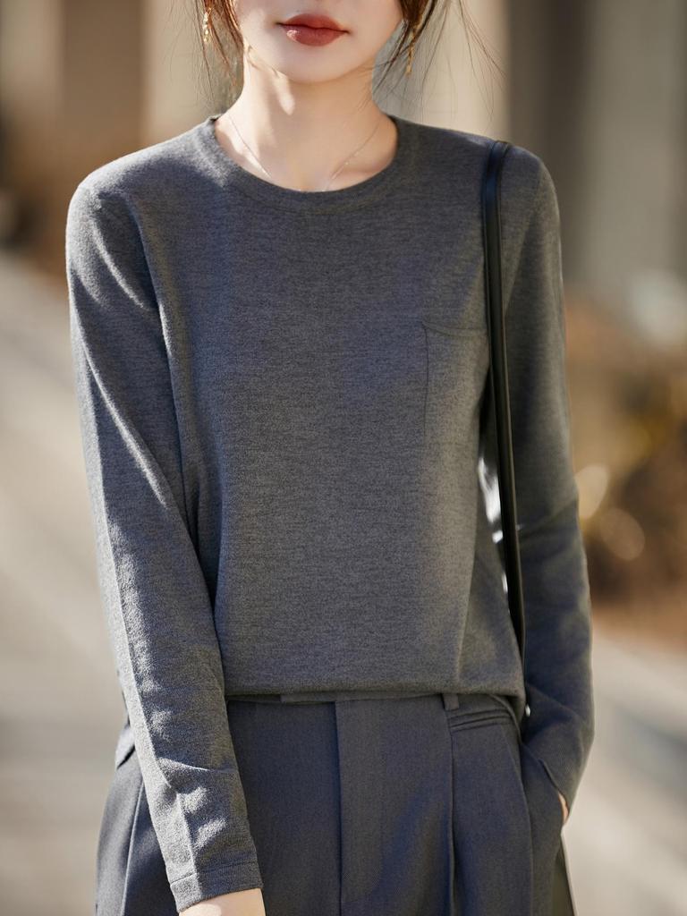 Women's Slim Fit Solid Color Round Neck Wool Sweater - Long Sleeve Fine Knit Base Layer
