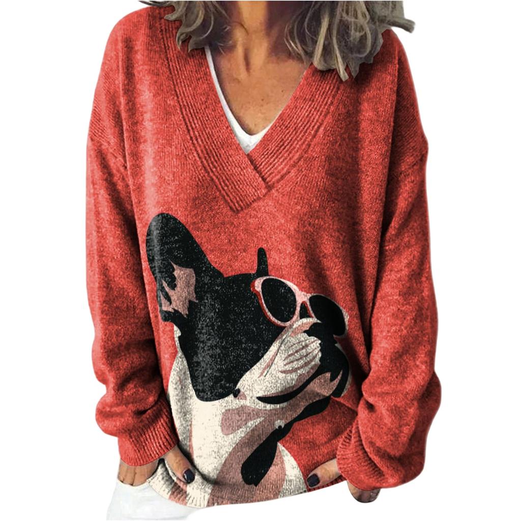 Ladies' Casual And Fashionable Printed Round Neck Pullover Sweater Top