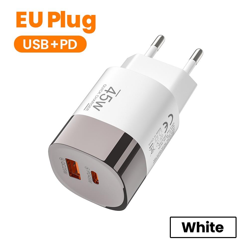 Dual Ports USB Type C Charger Fast Charging 45W QC PD 3.0 Travel Wall Charger Adpater Fast USB Chargers For Phone EU US UK Plug 5