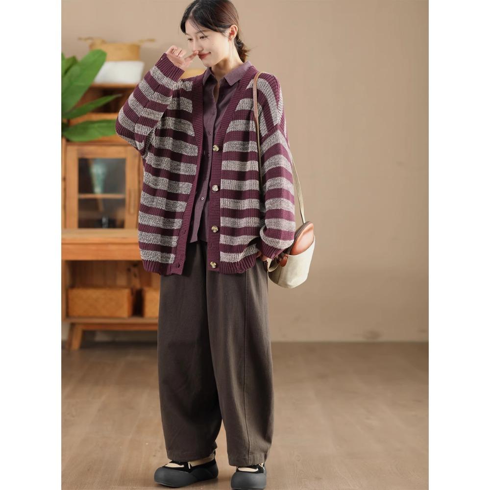 DIMANAF 2025 Winter New Striped Cardigan Jacket Women Sweaters Coat Wadded  Knitting Pockets Sweater