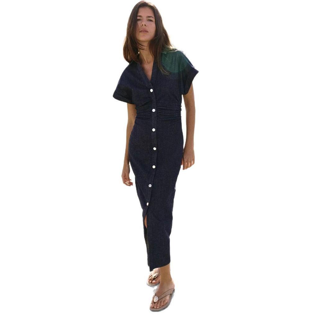 2025 Spring Women's European & American Style Short-Sleeve Denim Midi Dress with Turn-Down Collar