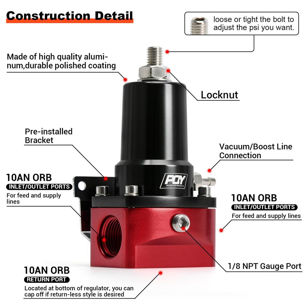 Adjustable Fuel Pressure Regulator 30-140PSI Adjustable Pressure Range 10AN Feed Ports & 10AN Return Port With 0-160PSI Gauge Set