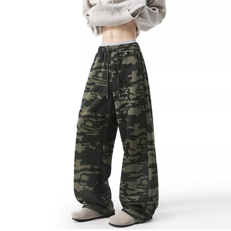 Unisex American Retro Camo Jogginghose: Hohe Taille, Gekrümmtes Bein, Herbsttrend