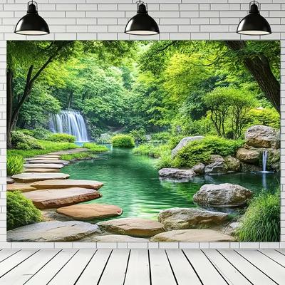 2D Flat Banner  1 Piece - Green Landscape with Dense Trees and Water Features  Home Decoration  Bedroom Decoration