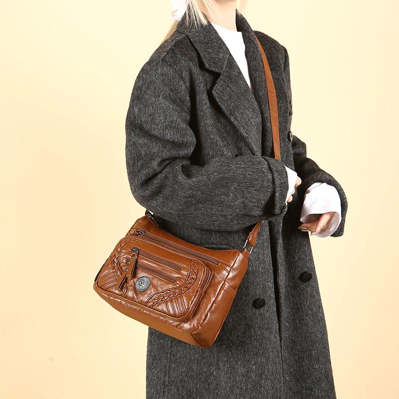 Large Capacity Shoulder Bag Soft Leather Multi-Layer Crossbody Bag for Middle-Aged and Elderly Women's Bag