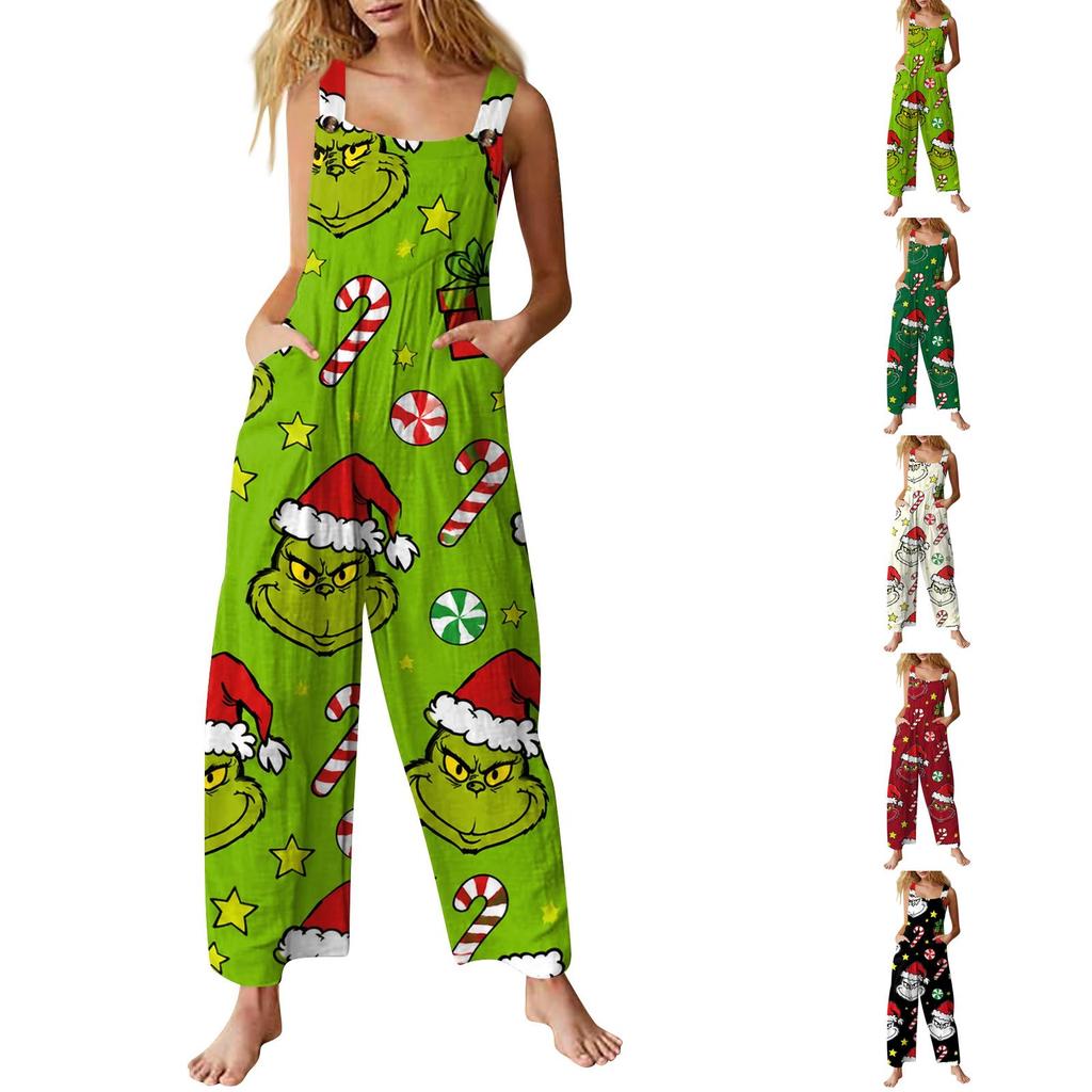 Damen Casual Ärmelloser Baumwoll-Jumpsuit mit Weihnachtsdruck für Feiertagsfeiern