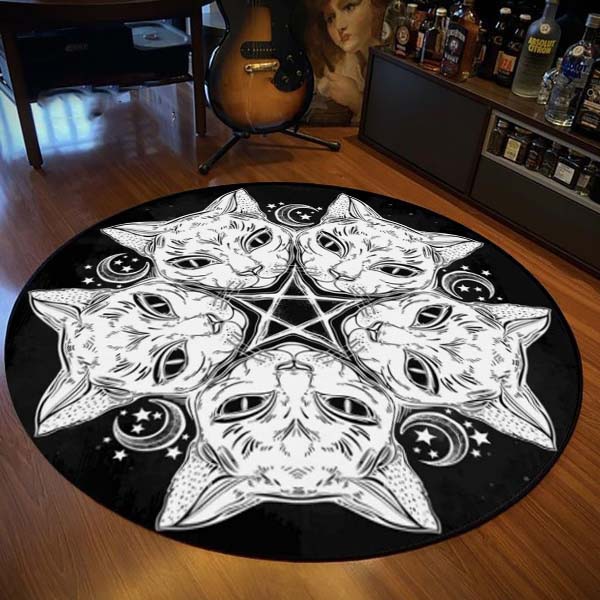 Round Rug Satanic Cat Goat Impaled Throne Area Atheist Carpet Bath Mat Black Mat Living Room Home Decoration