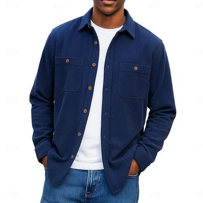 Neues Herbst-Winter Herren Einfarbig Kord Doppelpattentaschen Geknöpft Langarm Lässiges Hemd