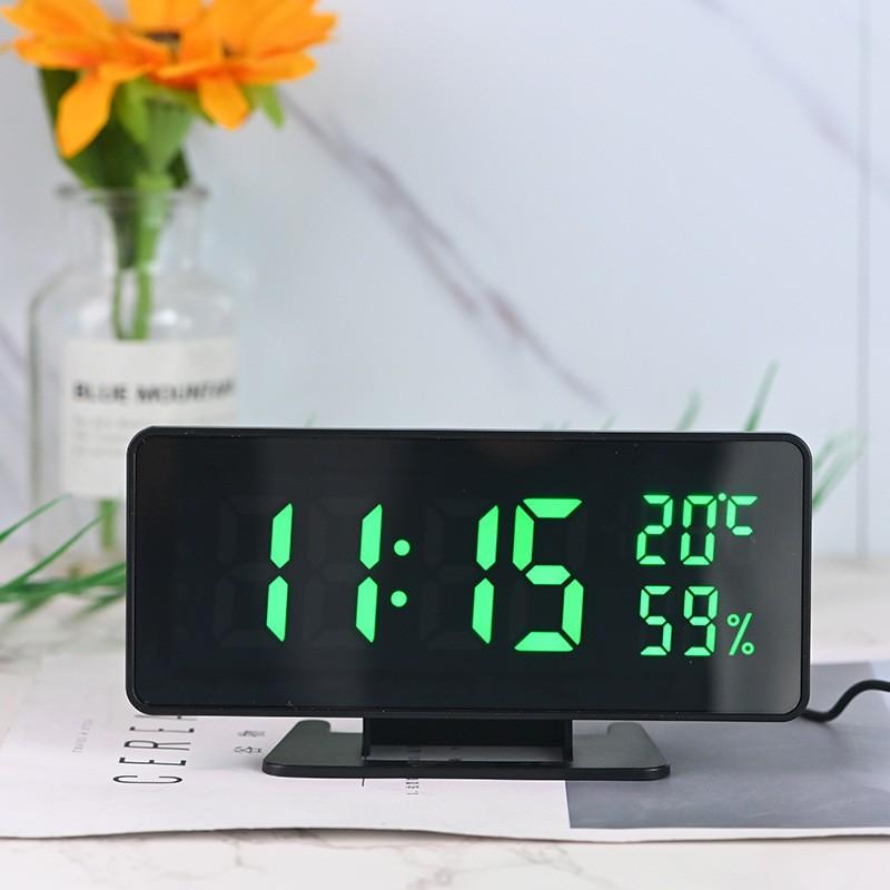 

Plug-in LED Mirror Calendar Temperature and Humidity Meter Table Clock Desktop Electronic Digital Clock Voice Controlled Three Sets of Alarm Clock