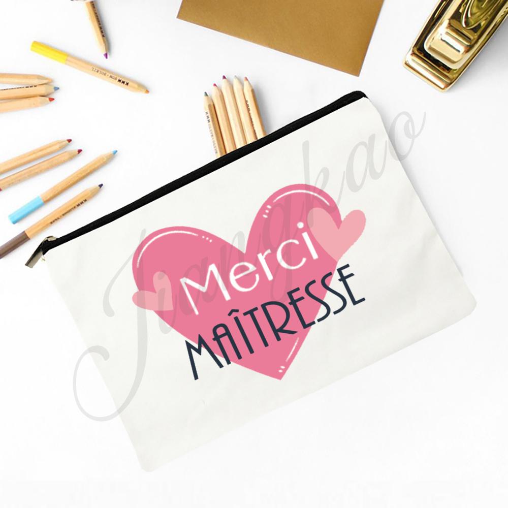 Merci Maitresse French Print Makeup Bag Travel Neceser Toiletry Storage Pouch School Pencil Bags Best Graduate Gift for Teacher
