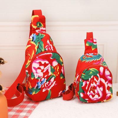 Red Large Flower Parent and Child Cute Chest Bag, Chinese New Year Red Packet Fashionable Fashionable Shoulder Crossbody Bag, Bohemian Style Chest Bag