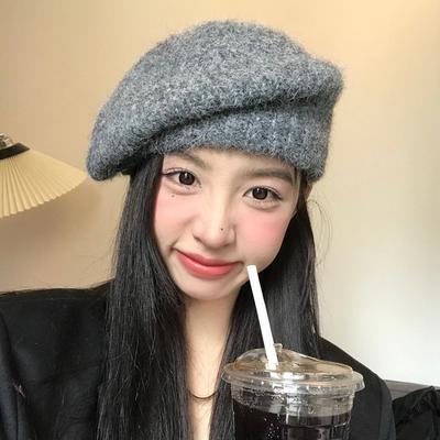 Mao Autumn and Winter Big Head Circumference Painter Hat Warm Wool Hat Versatile Knitted Beret Women's High Sense