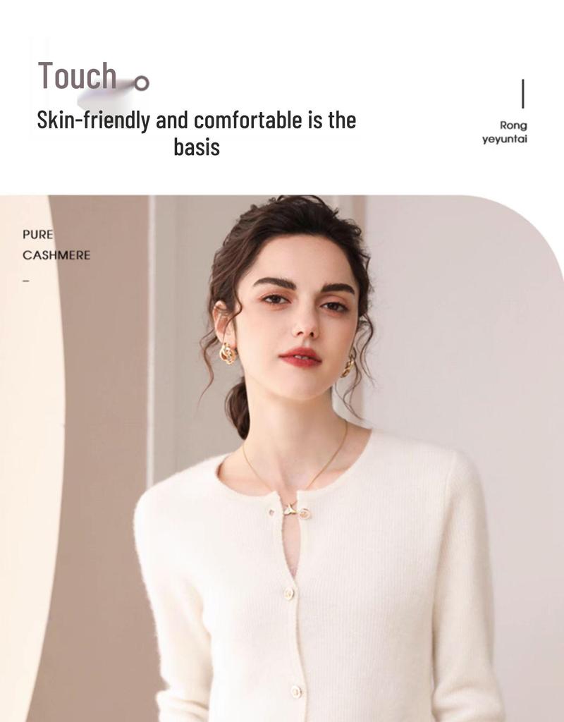 Women's 100% Pure Cashmere Round Neck Cardigan - 2024 Spring/Autumn Loose Knit Long Sleeve Thin Outerwear High-end