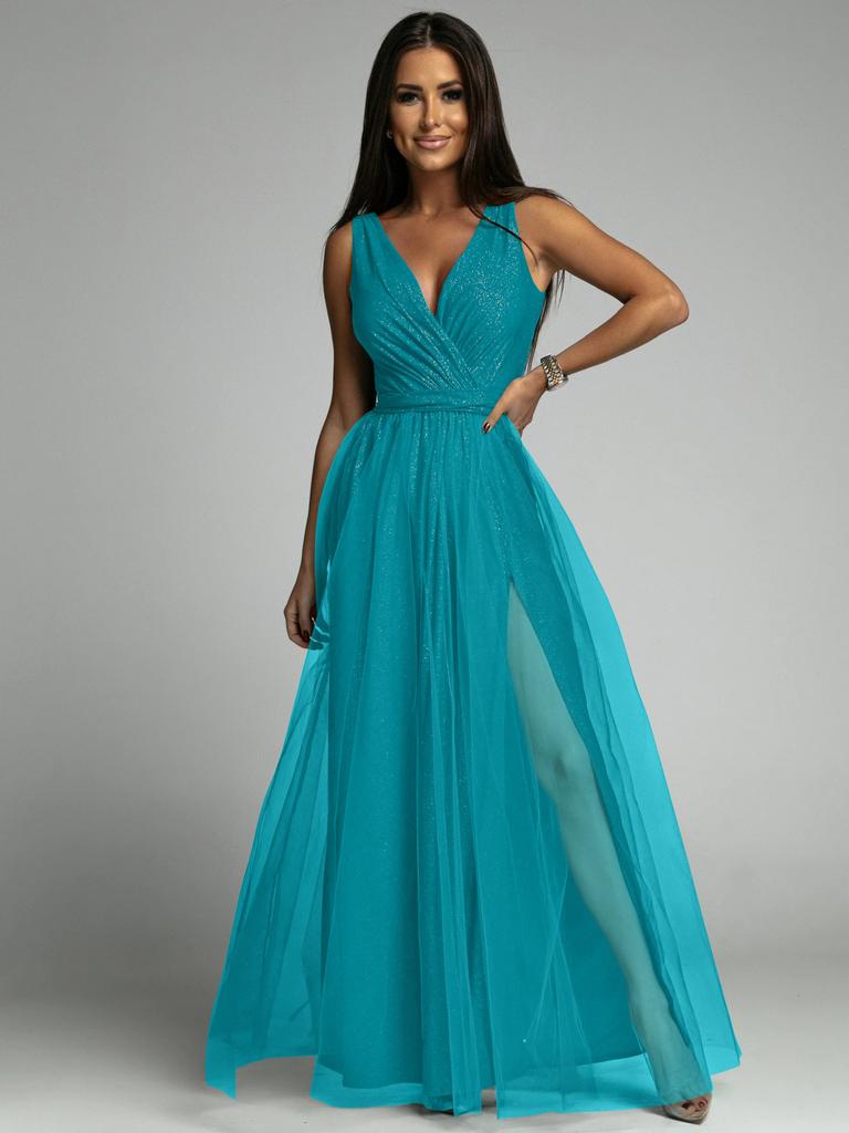 Europe and the United States Cross-border 2025 New Ma Xun Sexy V-neck Waist and Thin Split Fork Big Pendulum Shiny Dress Dress