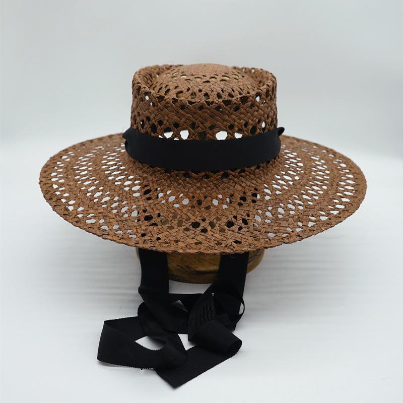 Brown Hollow Hand-Woven Raffia Panama Jazz Top Hat Flat Straw Hat Summer Men'S And Women'S Vacation Beach