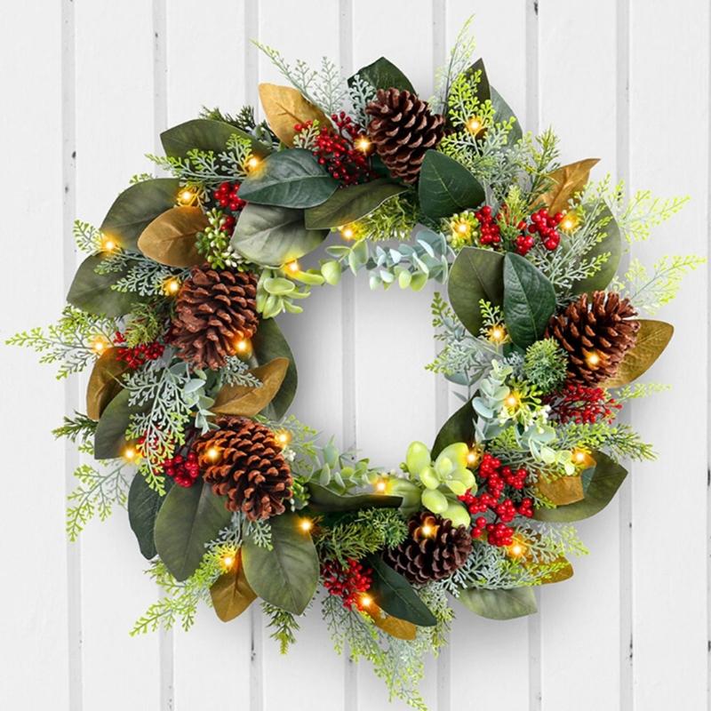 Artificial Wreath LED Light up Christmas Wreath with Pinecone for Front Door Window Yard Garden Christmas Decorations