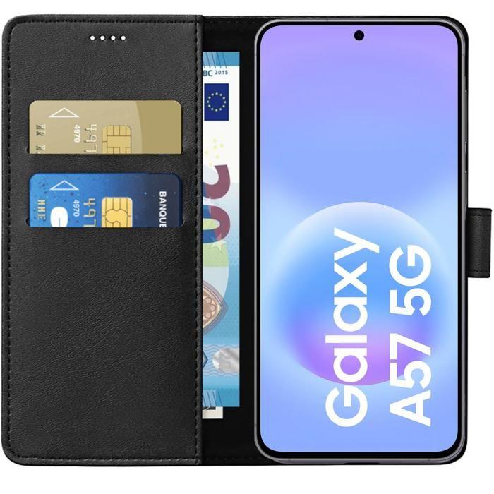 Coque pour Samsung Galaxy A57 5G et 2 Verres Trempé - Portefeuille Noir Rabat Clapet Aimanté Rangement Cartes Phonillico®