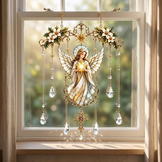 Elegant Indoor Hanging Decor Stained Glass Effect Blessing Suncatcher, Acrylic Angel Prayer Window Sun Catcher for Windows Ornament with Faux Crystal