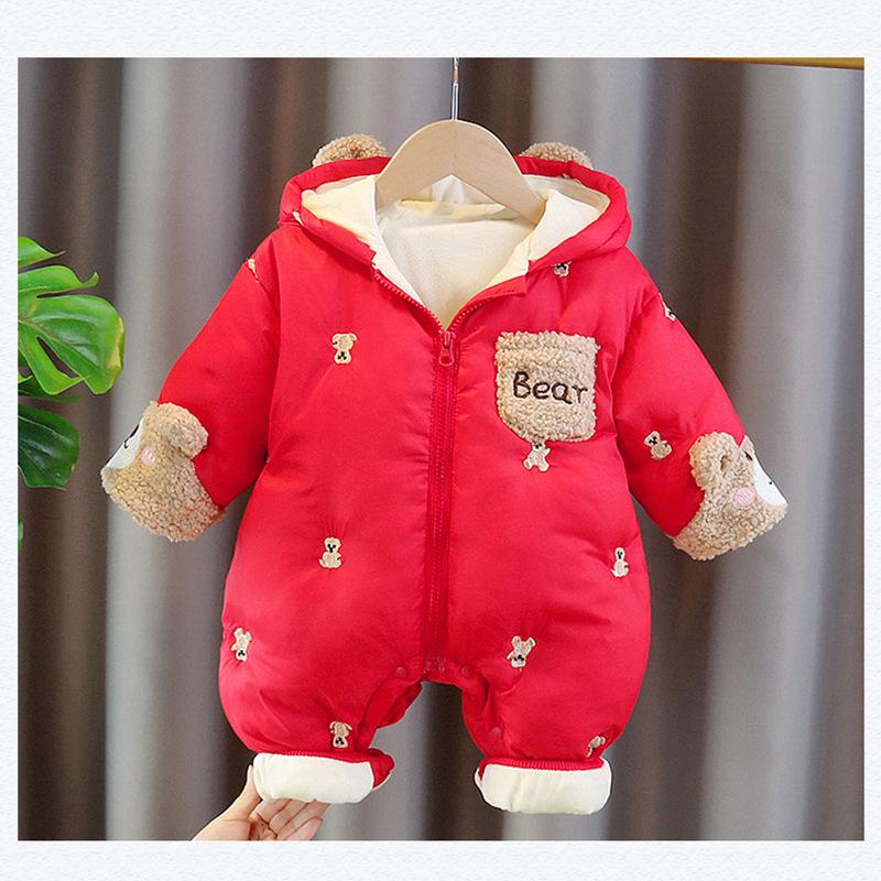 2025 Fleece-lined Hooded Infant Romper - Warm Cotton Jumpsuit for Boys and Girls