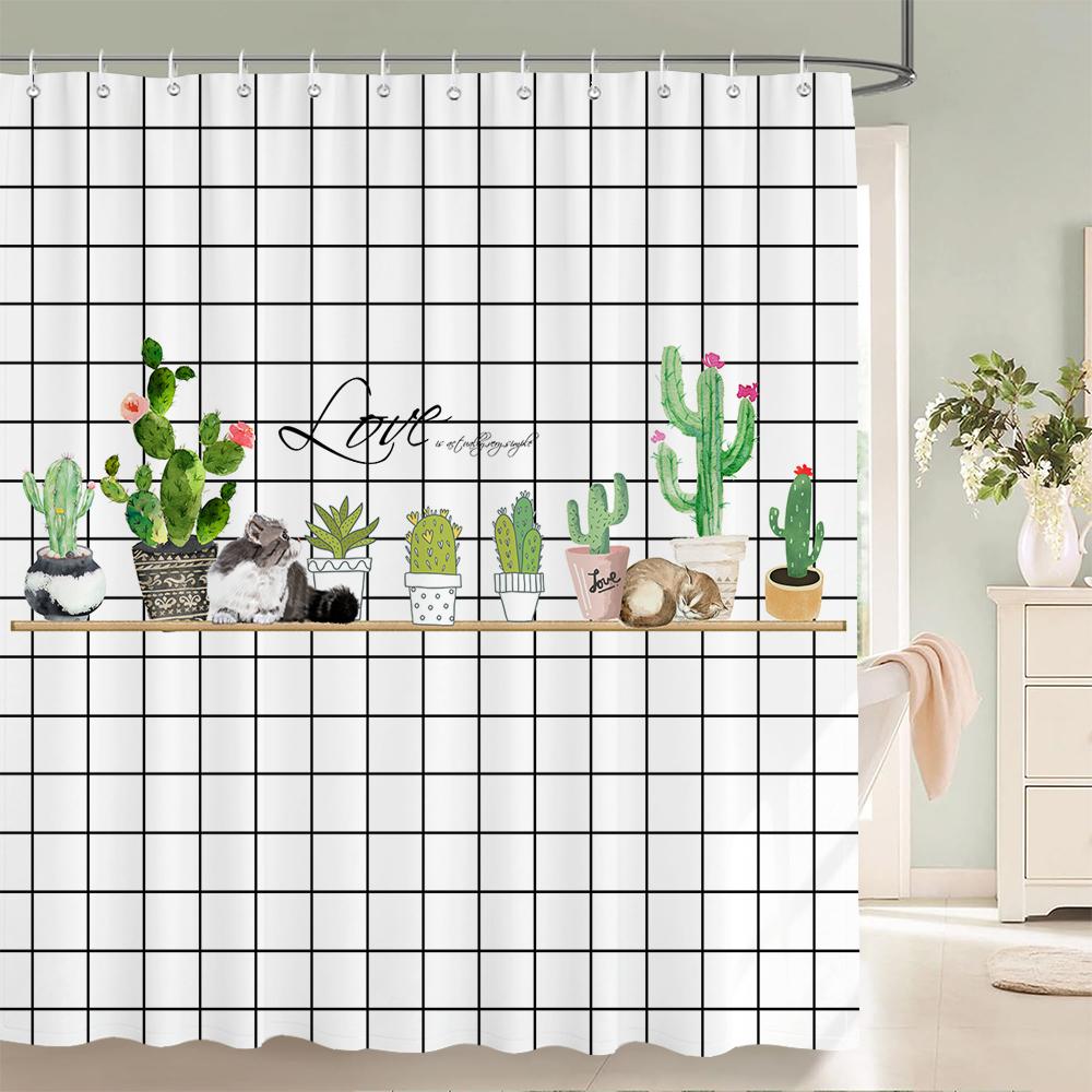 Tropical Plant Cactus Shower Curtain 180Cm *180Cm With Hooks, Floral Waterproof Shower Curtain, Shower Curtains For Bathroom
