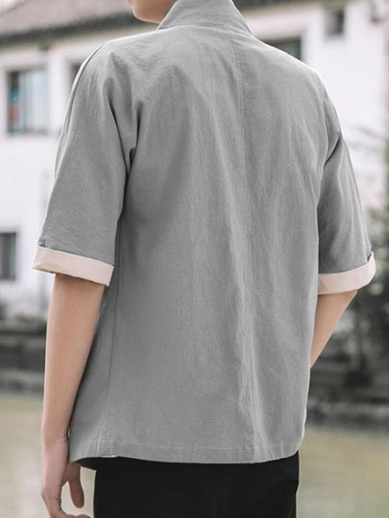 YF Men's Jinbei Cardigan Shirt Top, Haori (Cotton Jacket), Loose Fit, Plus Sizes, Japanese Style, Workwear, Samue, Short Sleeve, 5/8 Sleeve, Solid Col