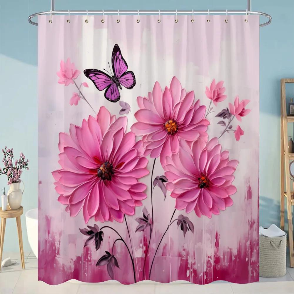 Botanical Flower Shower Curtain Colourful Flowers Green Leaves Watercolour Art Creative Polyester Shower Curtains Bathroom Dec