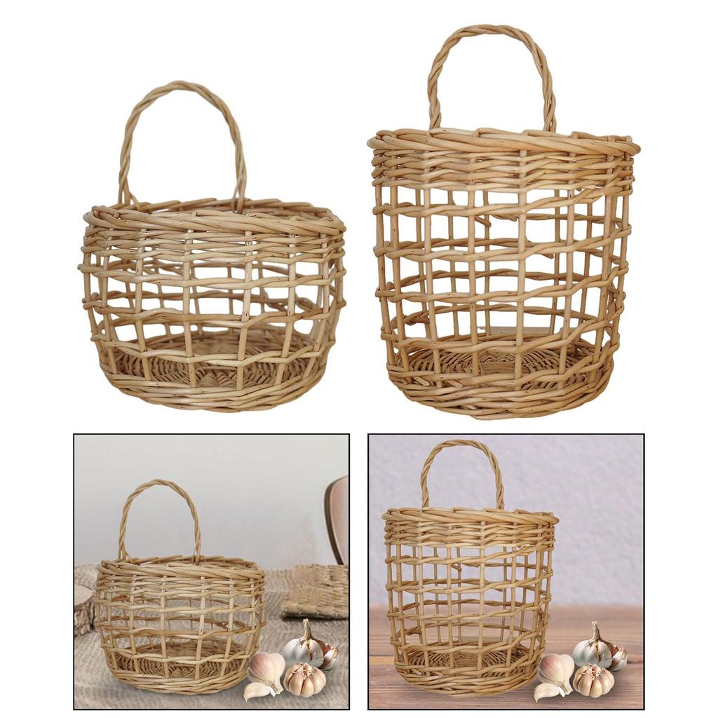 Woven Hanging Basket Holder with Handle Hanging Wall Basket Handmade Rattan Basket for Potato Pantry Onion Cabinet Garlic