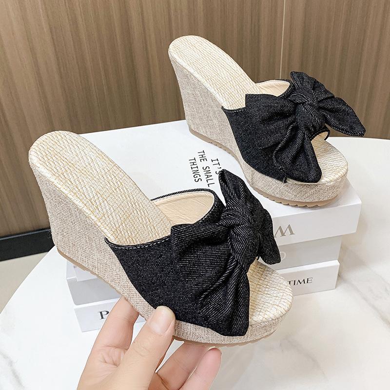 

Трансграничные женские туфли большого размера, весна, новая мода, корейская версия, бант, одно слово, носка, наклонный каблук, классные тапочки для женщин 42 чёрный