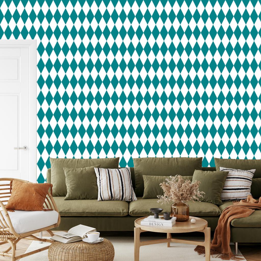 Harlequin Diamonds Wallpaper Turquoise, White and Celadon 50x1000