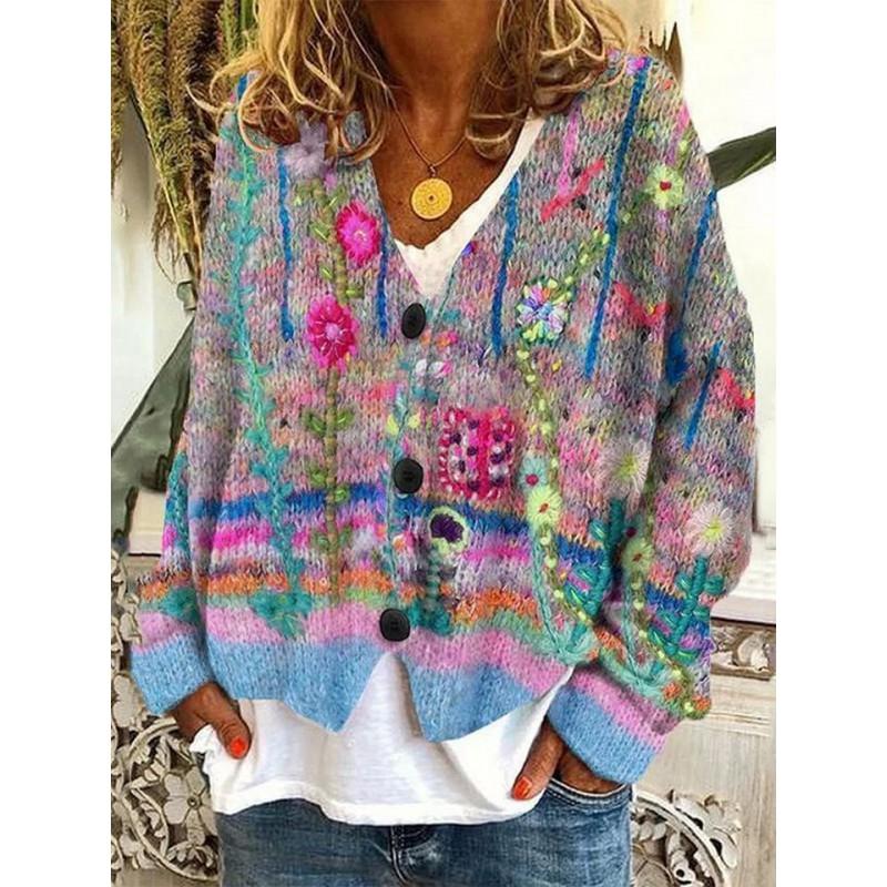 Womens Christmas Print V-Neck Open Front Cropped Long Sleeve Knit Sweater Loose Fit Casual Style
