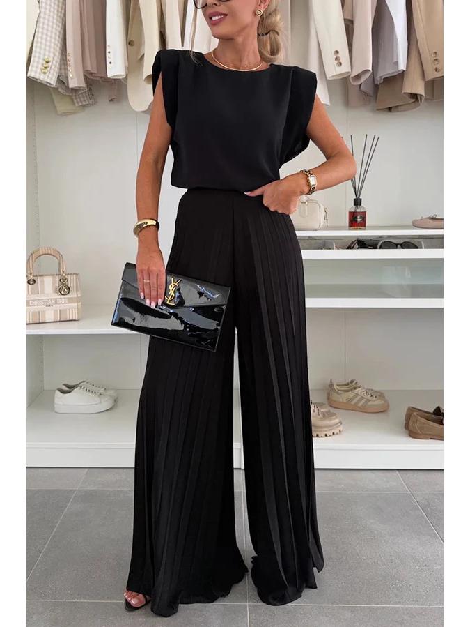 2025 Women's Fashion Set: Sleeveless Round Neck Top & Pleated Wide-Leg Pants
