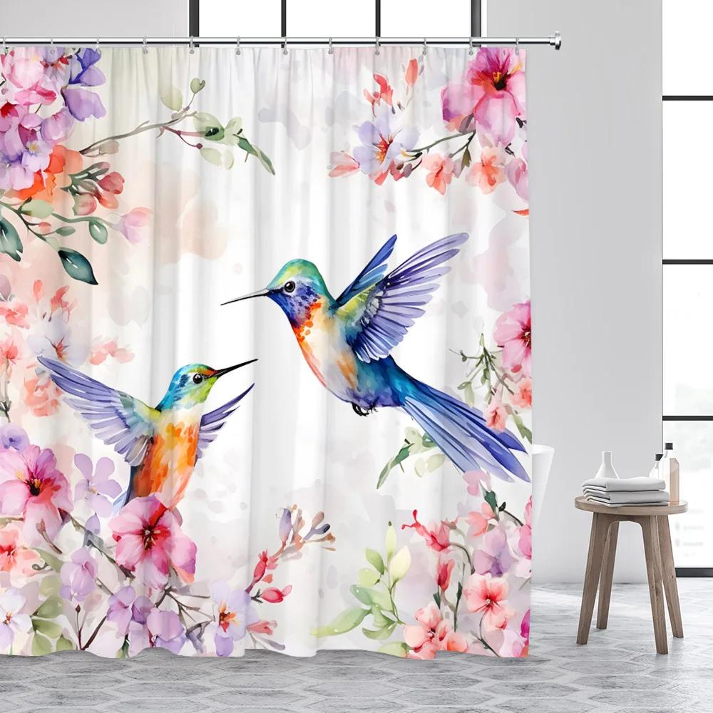 Hummingbird Shower Curtain Spring Flower Watercolor Farm Plant Green Leaf Butterfly Cute Cat Polyester Fabric Bathroom Decor Set