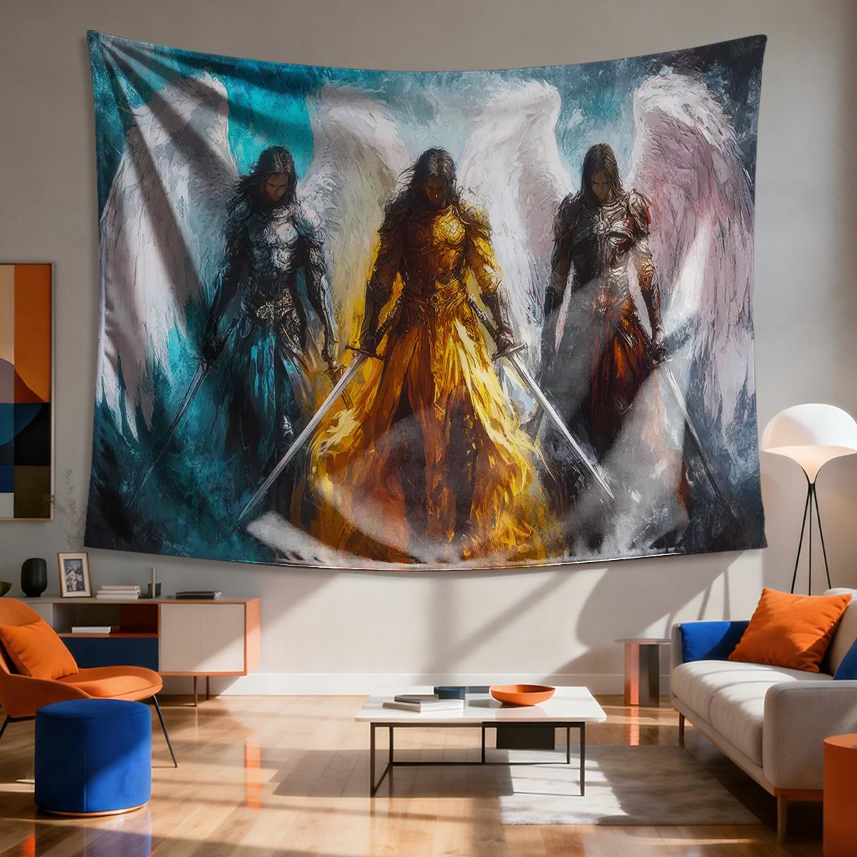 

Armored Angels Tapestry Epic Fantasy Warriors with Swords Dramatic Battle Scene for Bedroom or Dorm Decor 74x94cm(29x37in)
