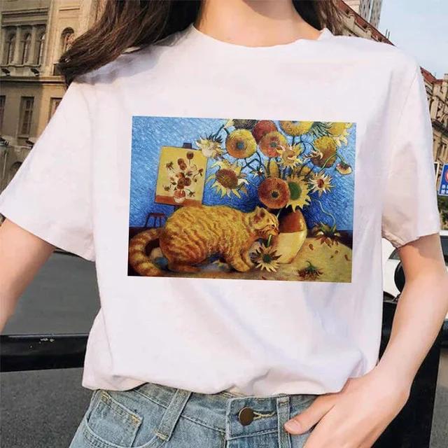 Women Clothes Summer Fashion Trendy Casual TShirt Van Gogh Cat Van Gogh Cat Art Oil Painting Printed T-Shirt Aesthetic Clothes