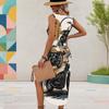 Women Plus Size U Neck Sleeveless Cartoon Excavator Printed Tank Dress High Side Slit Curved Hem Midi Dress