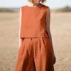 Plus Size Women's Clothing Set, Solid Color Chinese Style Retro Pants, Cotton Linen Casual Long Sleeve Loose Cotton Set