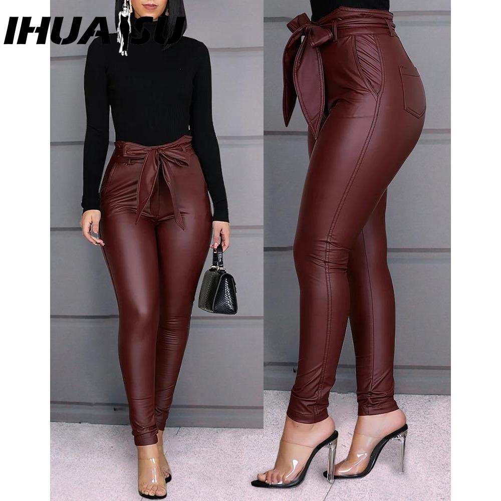 IHUASU Damen Kunstlederhose Hohe Taille Slim Leggings Jeggings Skinny Hose mit Gürtel