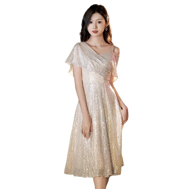 Champagne evening dress women's small light luxury niche sequins host dress bright medium and long dress