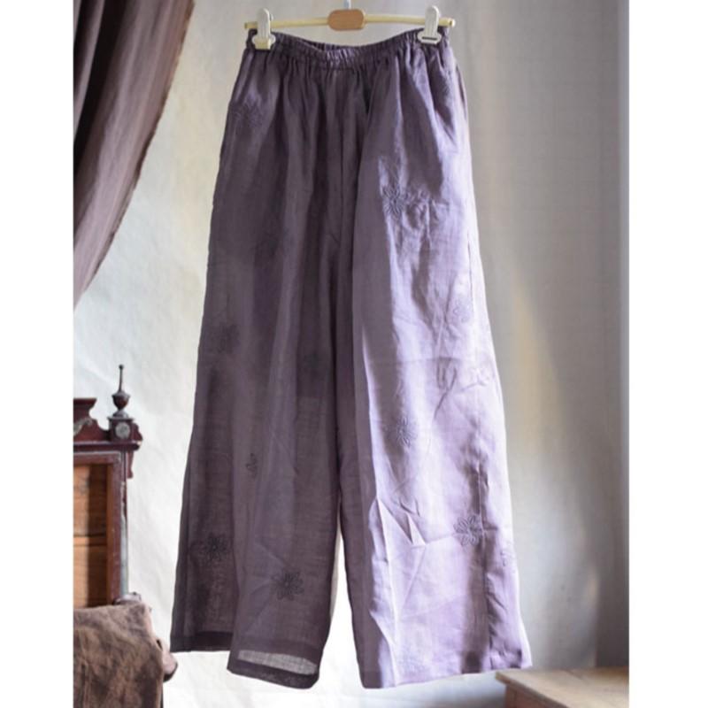 

Johnature Women Embroidery Floral Wide Leg Pants Elastic Waist Solid Color Summer Vintage Pockets Long Pants One Size фиолетовый