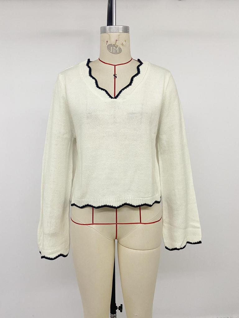 2026 Fall/Winter Color Block V-Neck Knit Sweater - Casual Wave Edge Short Wool Top
