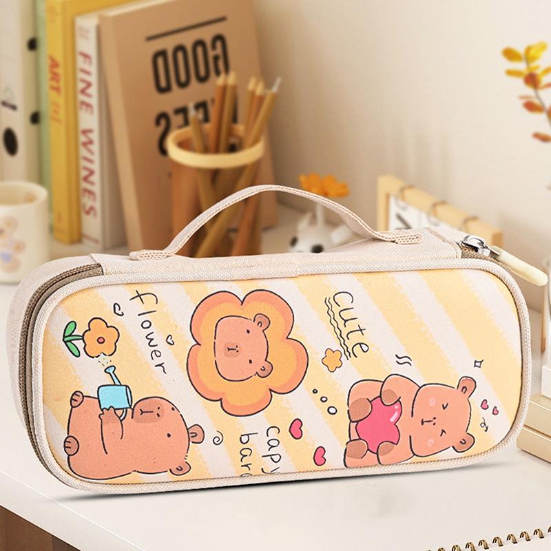 Cartoon Cute Capybara Pencil Case With Handle Portable Pen Bag Student Stationery School Supplies Large Capacity Storage Pen Box