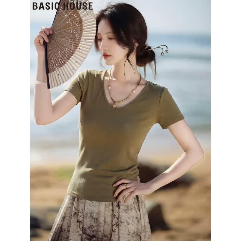 Basic House Women s Silk Blend V-Neck Short Sleeve T-Shirt L