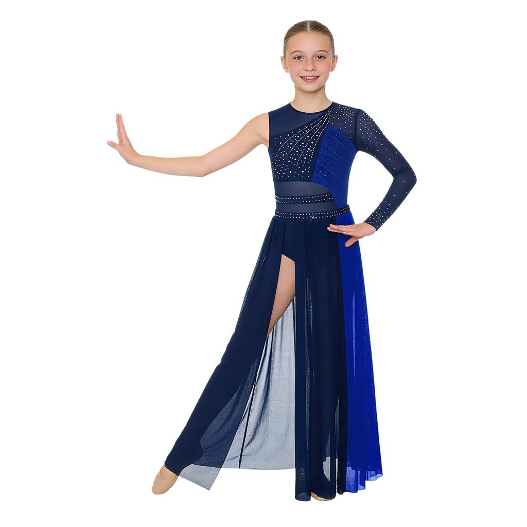 Kids Girls Stage Performance Dress: Back Invisible Zipper Color Block Mesh Patchwork Side Split with Shiny Rhinestones for Lyrical Dance