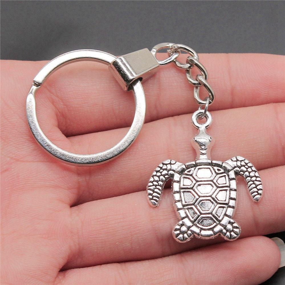 Marine Life Turtle Ocean Creature Pendant Antique Bronze Metal Keychain with 30mm Ring for Men Fashion Gift