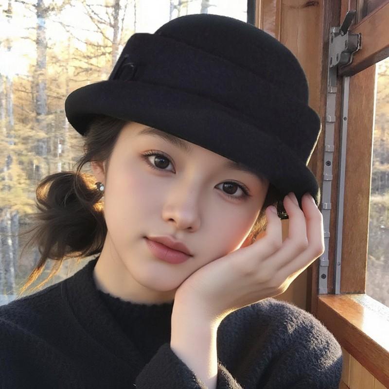 Vintage Hepburn Style Black Round Top Bucket Hat For Women