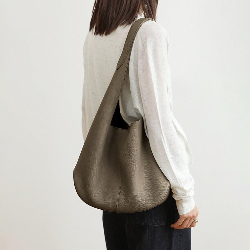 Genuine Leather Hobo Shoulder Bag Women Soft Water Bucket Tote Large Capacity Casual Style Magnetic