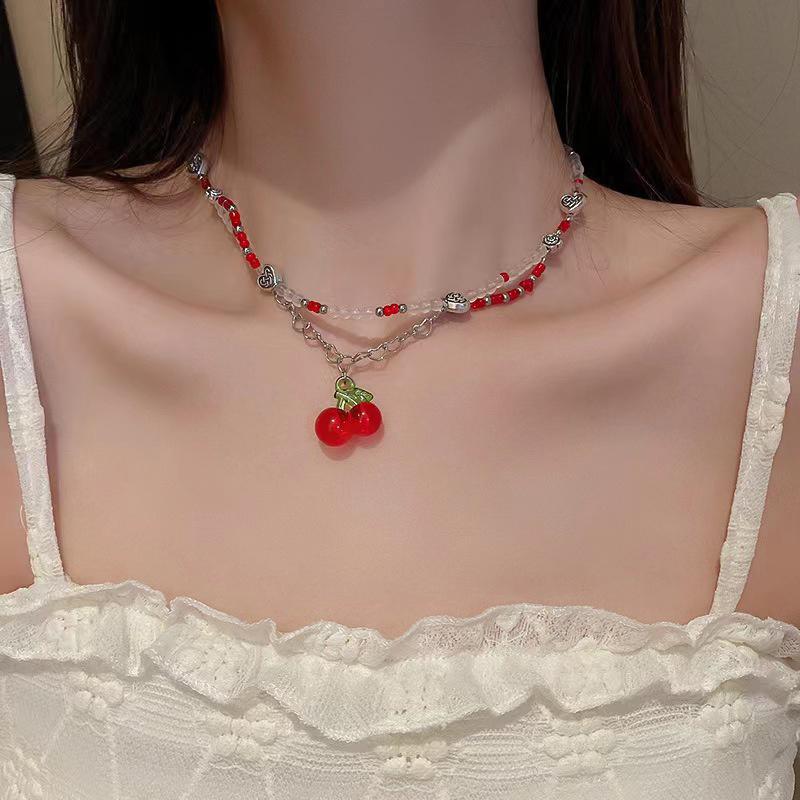Y2K Red Cherry Heart Beaded Choker Women Boho Layered Bead Cherry Pendant Necklace Vintage  Jewelry
