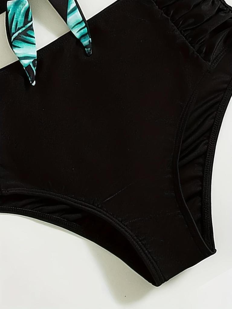 Leaf Print European & American Tankini Two-Piece Bikini Swimsuit for Women