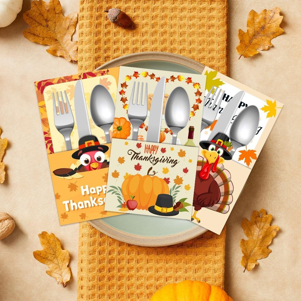 6pcs Turkey Maple Leaf Cutlery Storage Bags Autumn Theme Tableware Cover  Home Decor